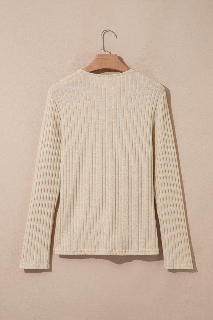 Apricot Solid Color Ribbed Knit Cowl Neck Long Sleeve Top