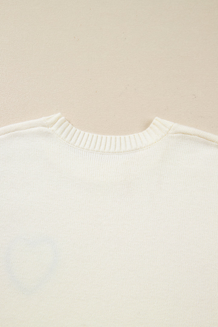 White Plaid Heart Embroidered Cuffed Drop Shoulder Crew Neck Sweater