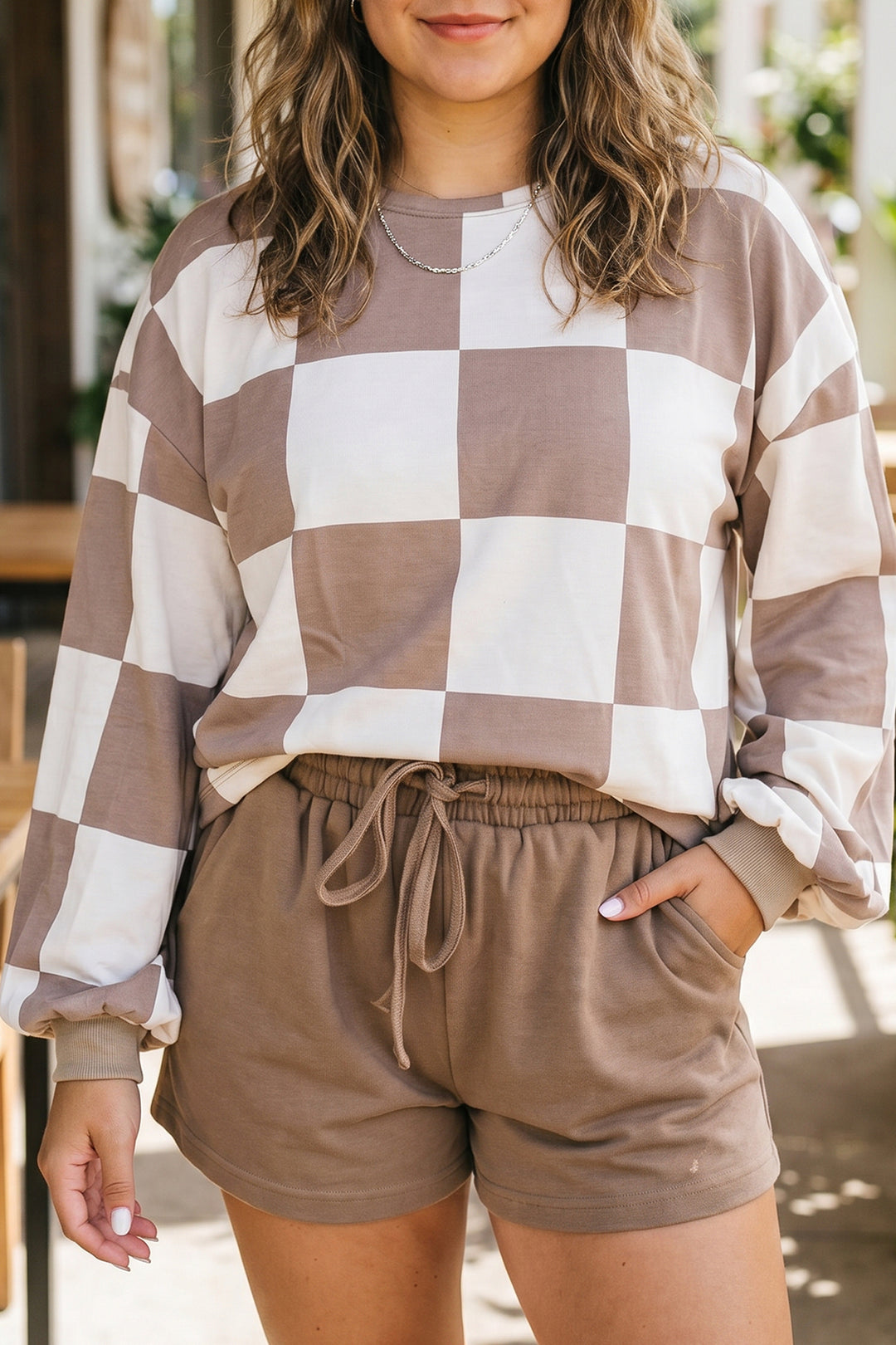 Khaki Checkered Contrast Long Sleeve Top Solid Shorts Plus Size 2pcs Set