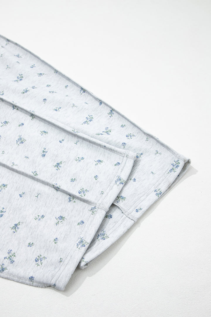 Gray Floral Print Elastic Waist Regular Fit Pants