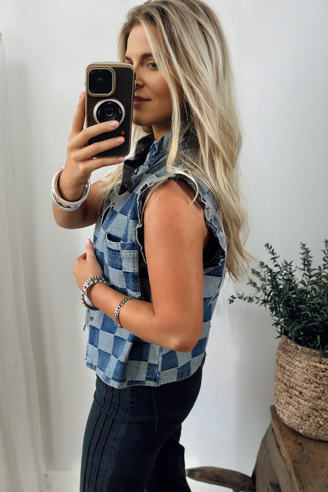 Beau Blue Checkered Ruffle Trim Button Down Denim Vest