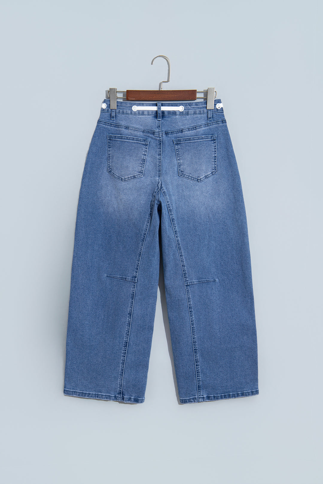 Beau Blue Solid Patchwork Grommet Tie Waist Loose Ankle-Length Jeans