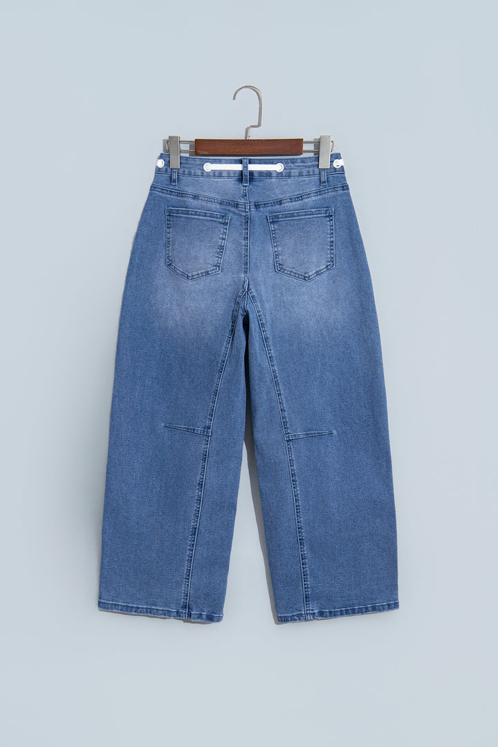 Beau Blue Solid Patchwork Grommet Tie Waist Loose Ankle-Length Jeans