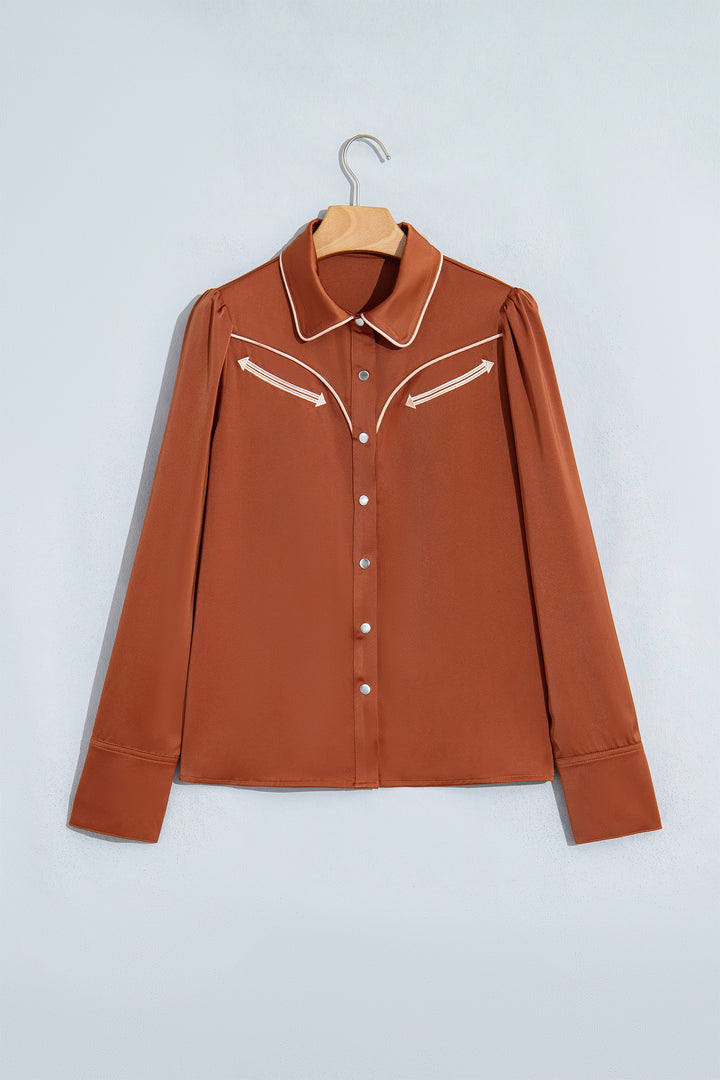Cinnamon Silky Long Sleeve Button Front Western Fashion Shirt