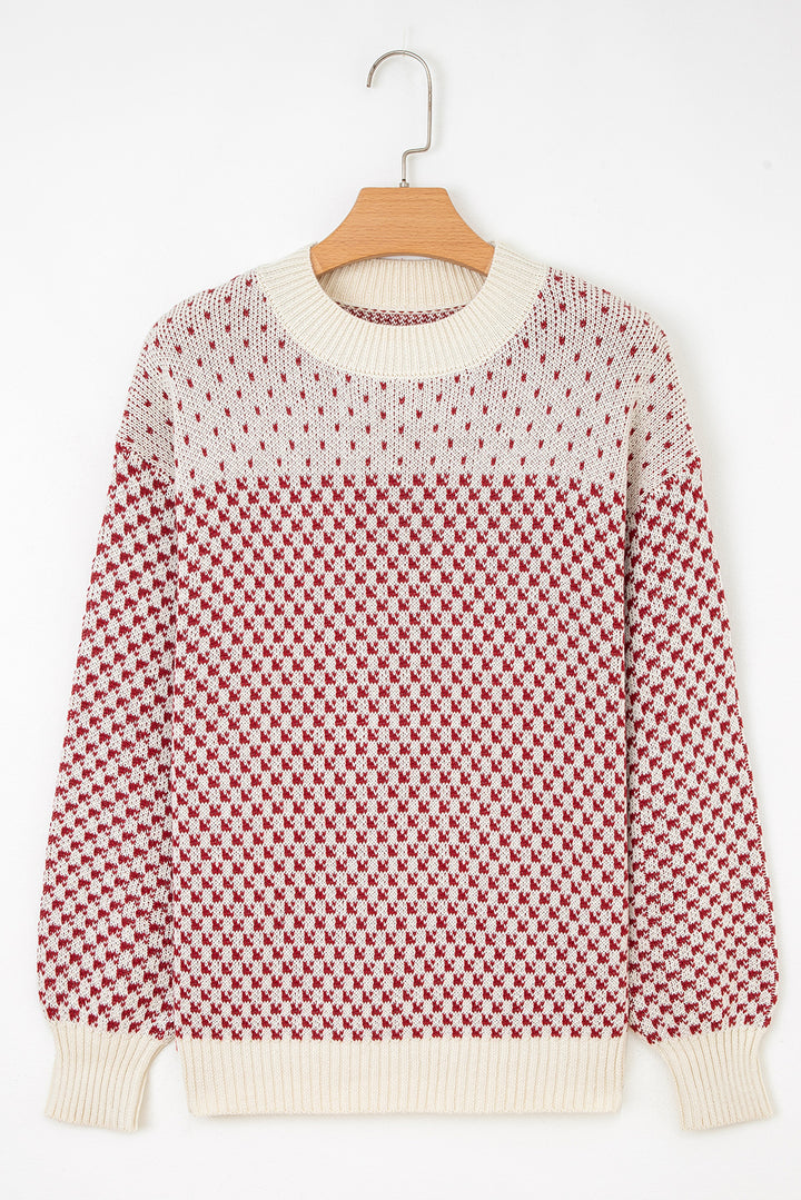 Red Contrast Color Pattern Lantern Sleeve Sweater