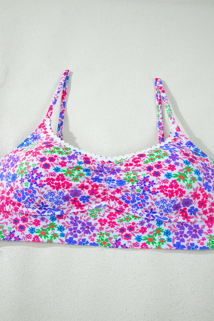 Purple Floral Print Lace Trim Spaghetti Strap Ruched Bikini High Waist Swimsuit