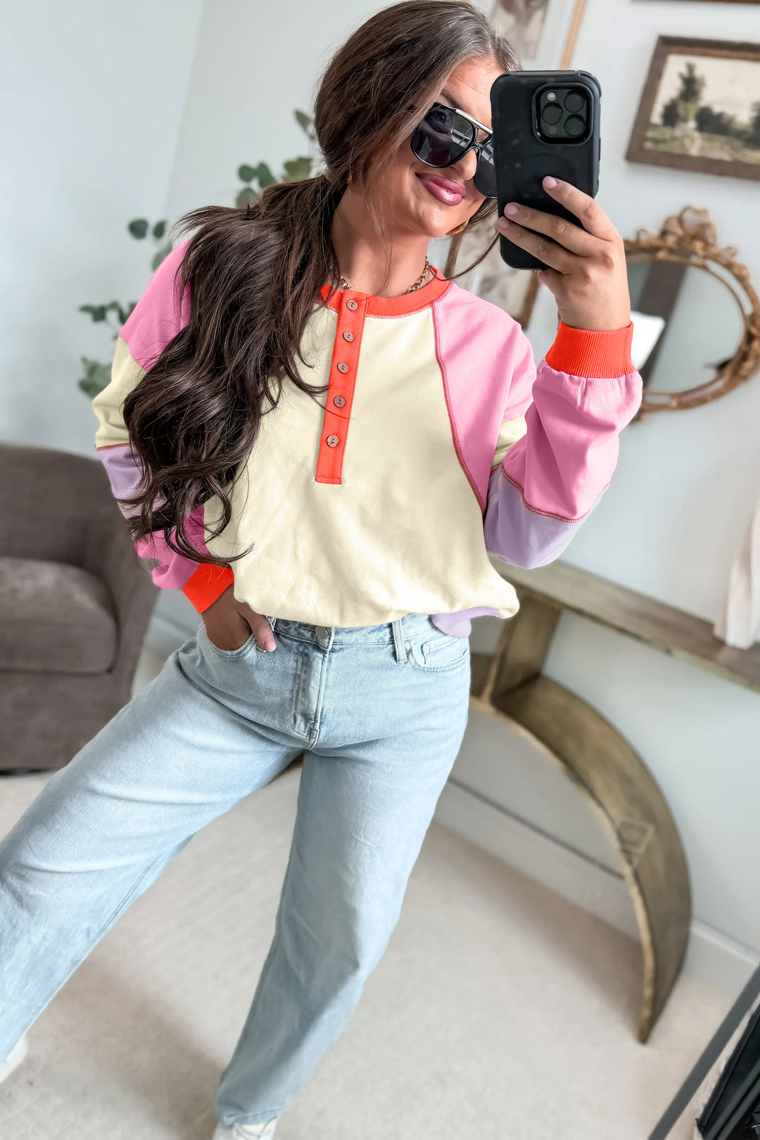 Multicolour Exposed Seam Colorblock Patchwork Pullover Long Sleeve Top