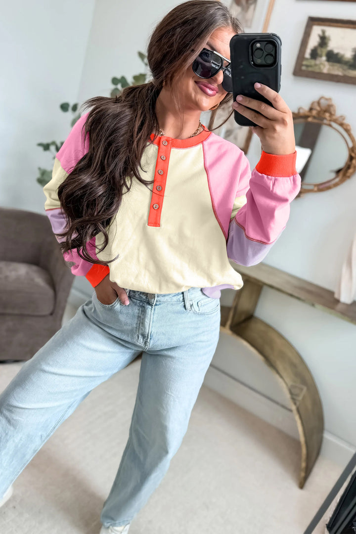 Multicolour Exposed Seam Colorblock Patchwork Pullover Long Sleeve Top