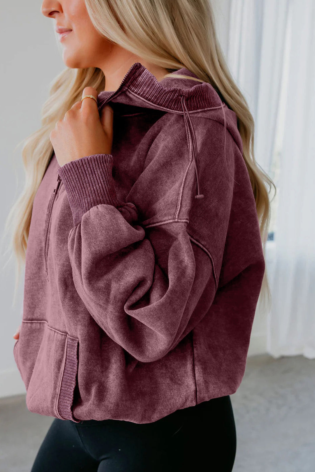 Wild Ginger Half Zip Kangaroo Pocket Mineral Wash Baggy Hoodie