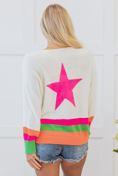 White Star Pattern Colorblock Striped Edge Drop Shoulder Sweater