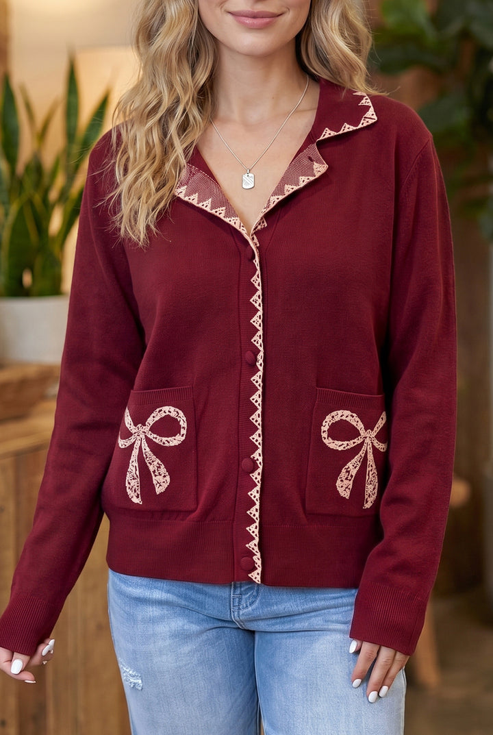 Burgundy Bow Pocket Collar Long Sleeve Knit Cardigan