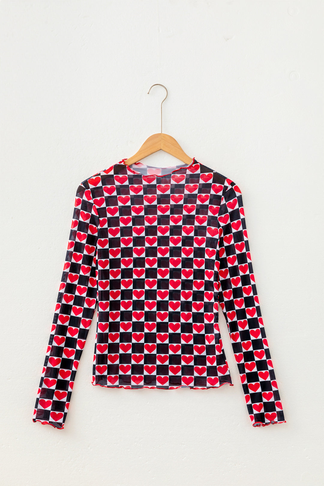 Black Plaid Heart Mesh Sheer Long Sleeve High Neck Blouse