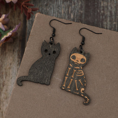 Alloy Hook Wooden Cat Earrings