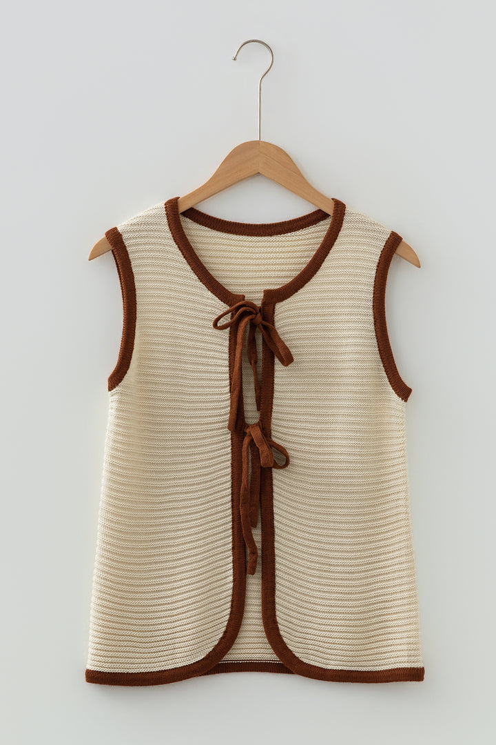 White Horizontal Ribbed Knit Contrast Trim Ties Front Sweater Vest