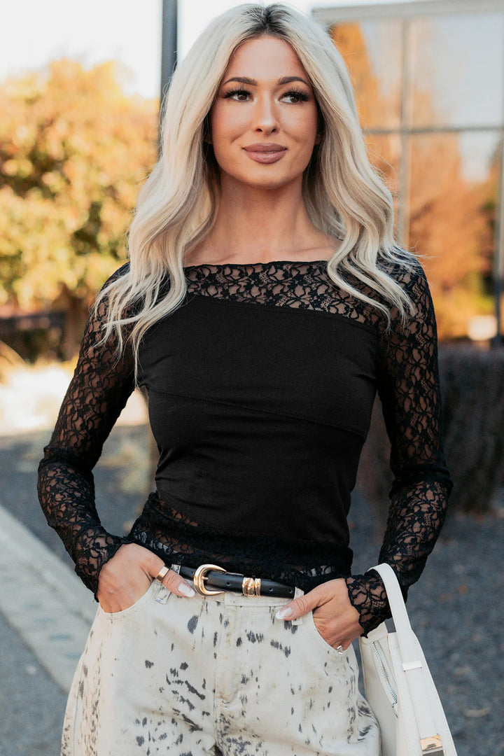 Black Asymmetric Panels Sheer Floral Lace Patchwork Long Sleeve Top