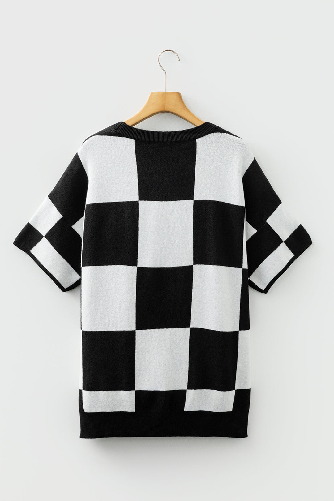 Black Checkered Pattern Loose Drop Shoulder Half Sleeve Sweater