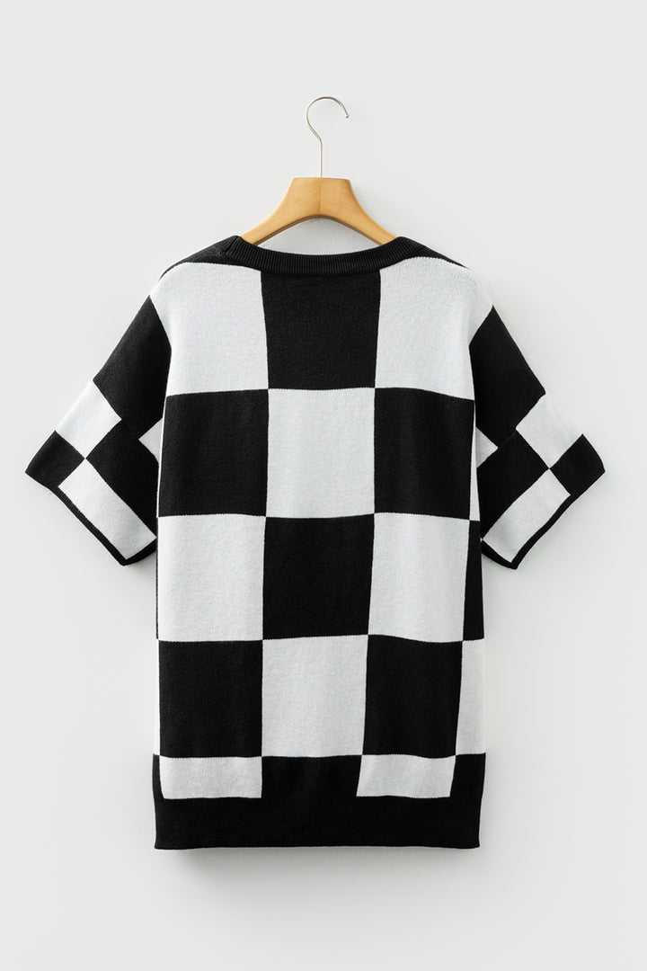 Black Checkered Pattern Loose Drop Shoulder Half Sleeve Sweater
