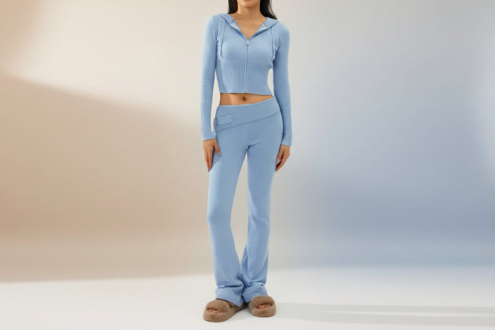 Women’s Knitted Hooded Two-Piece Set – Cardigan &amp; High-Waisted Pants Suit