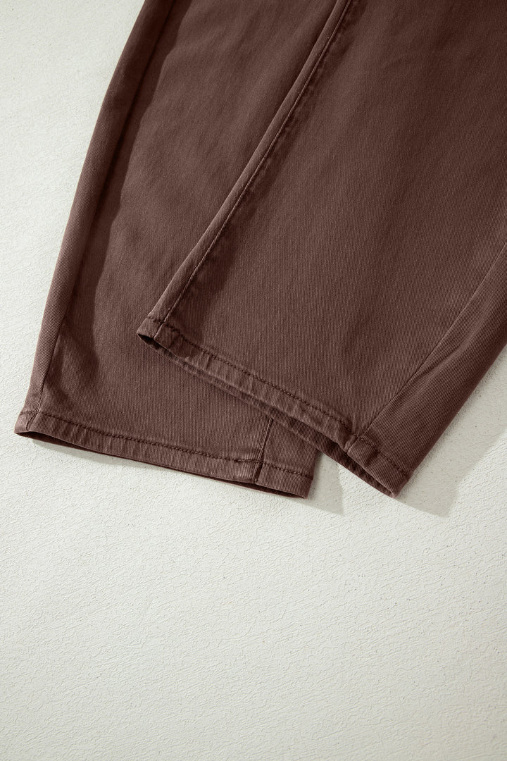 Coffee Solid Color Square Patch Pocket Ankle-length Barrel Jeans