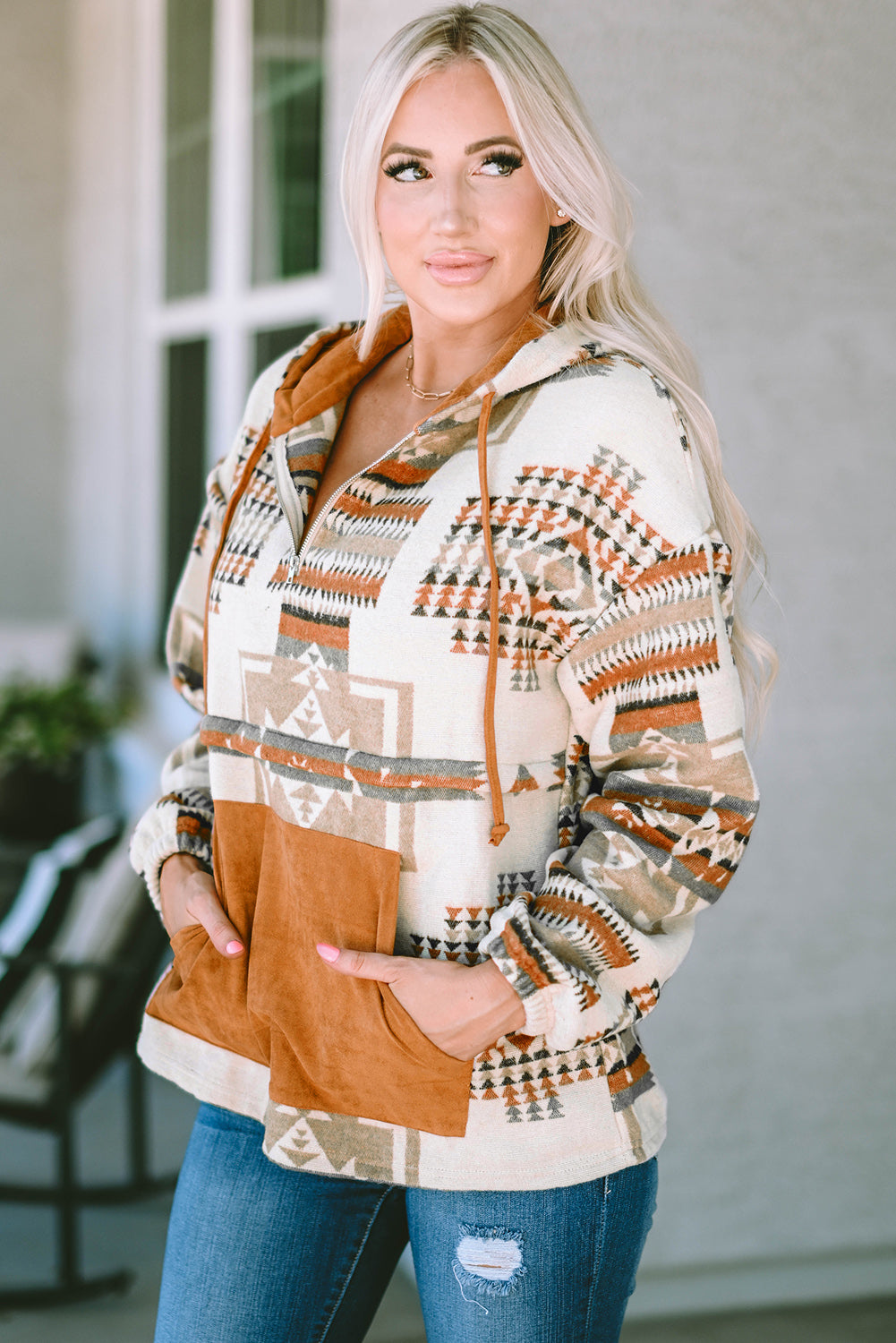 Beige Aztec Print Kangaroo Pocket Half-Zip Hoodie