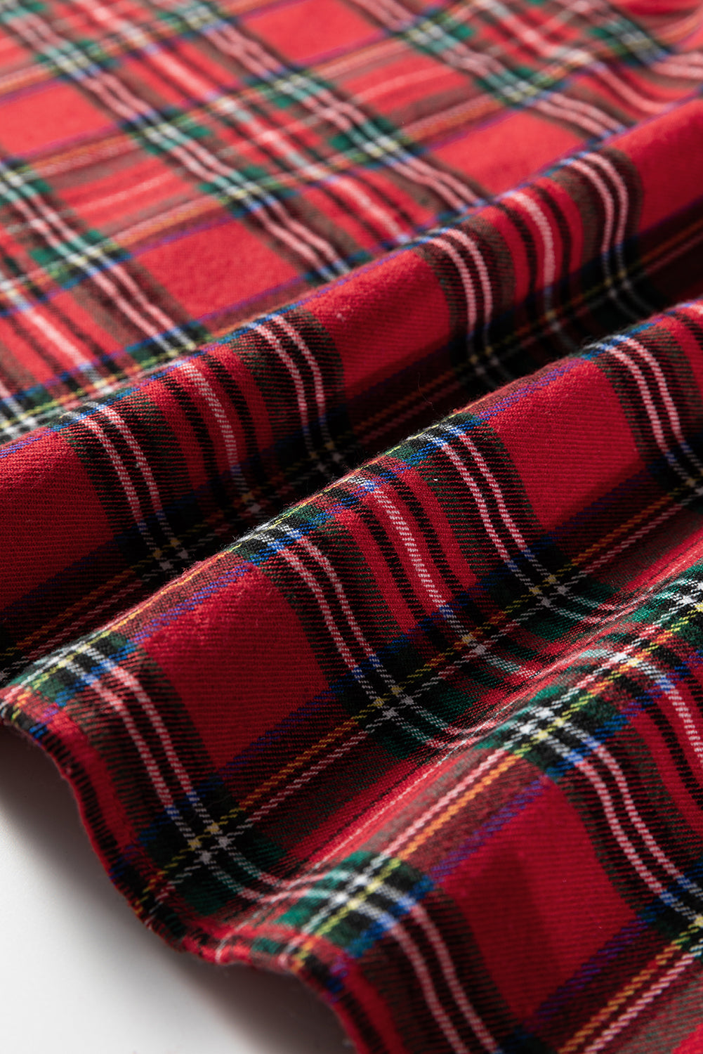 Red Festive Plaid Pearl Embellished Ruffle Short Sleeve Blouse