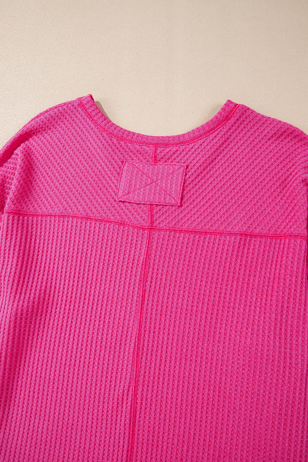 Bright Pink Waffle V Neck Long Sleeve Drop Shoulder Loose Blouse