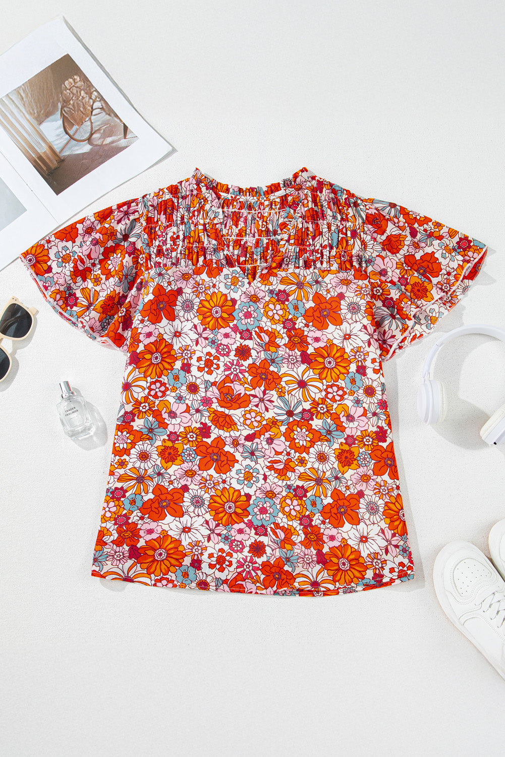 Orange Floral Print V Neck Pleated Ruffle Short Sleeve Blouse