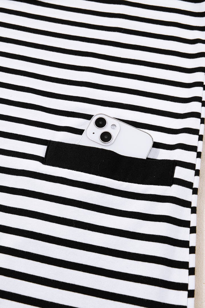 White Stripe Buttoned Front Collared Long Sleeve T Shirt Dress with Pockets