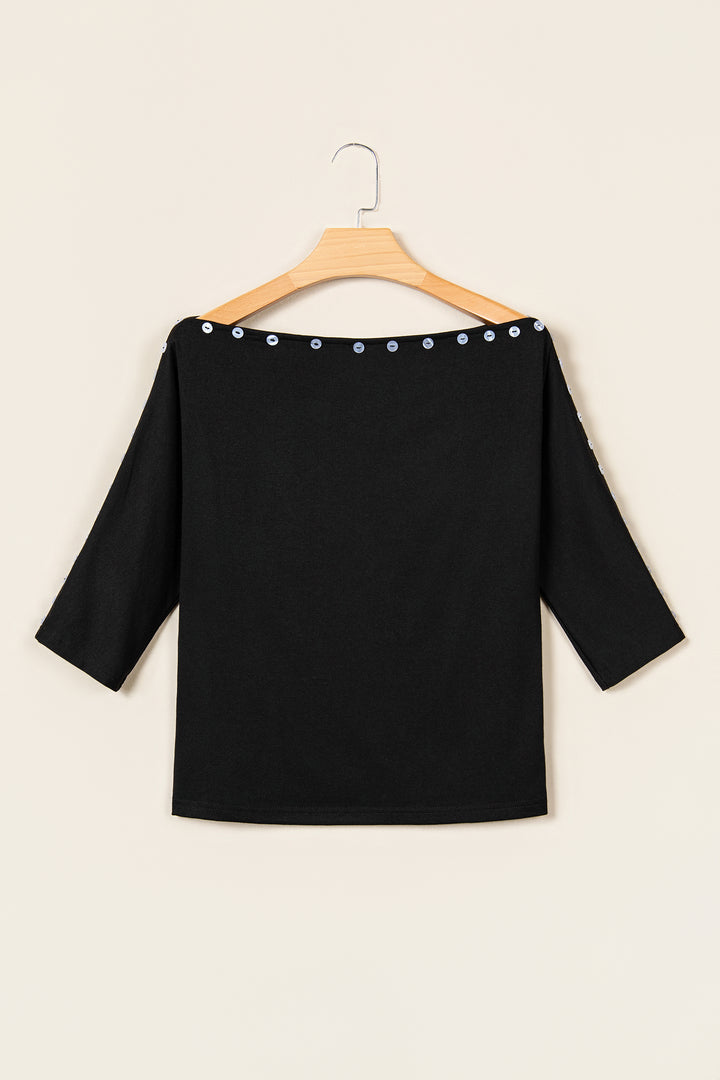 Black 3/4 Sleeve Button Detail Off Shoulder Top