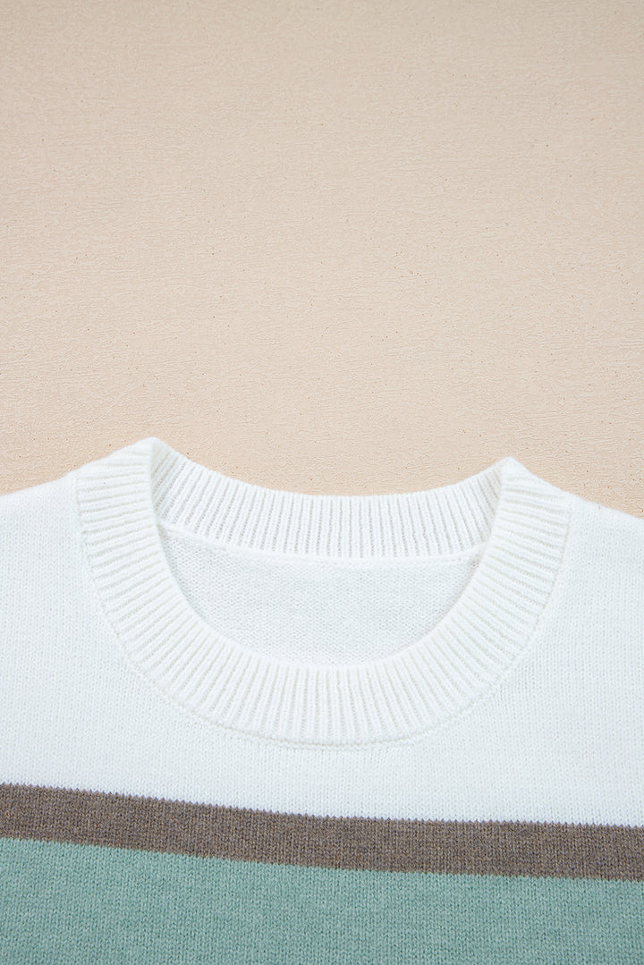 White Striped Color Block Knit Drop Shoulder Sweater