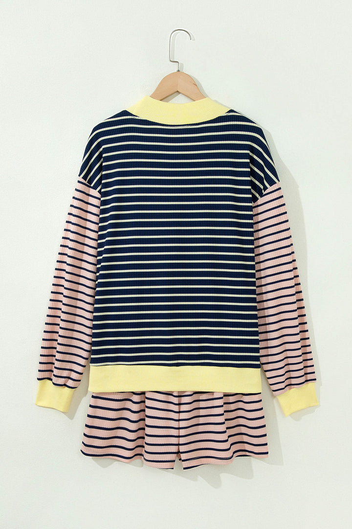 Blue Stripe Color Block Long Sleeve Pullover Ribbed Knit Casual Shorts Set