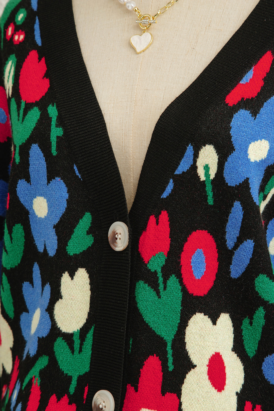 Black Floral Print V Neck Buttoned Short Cardigan Sweater