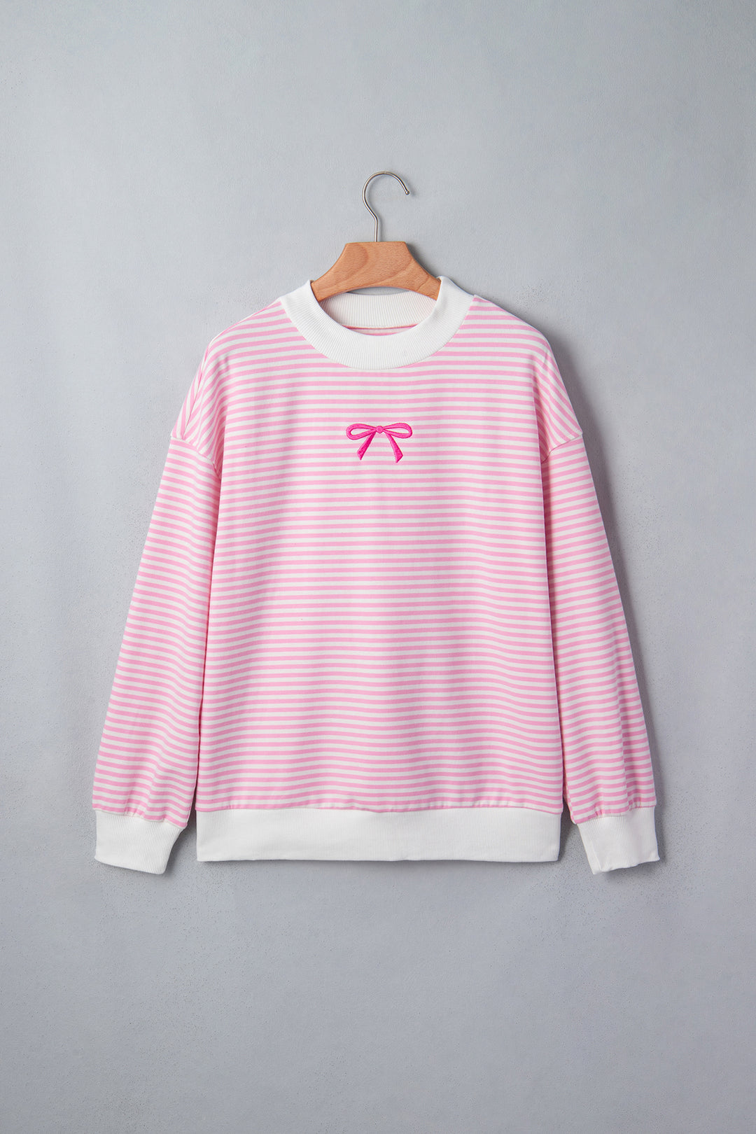 Pink Stripe Bow Embroidered Bow Contrast High Neck Baggy Sweatshirt