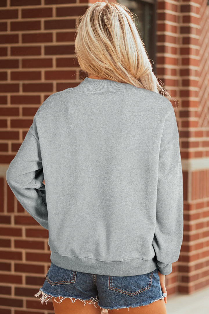 Gray Halloween Rhinestone Skull Graphic Mock Neck Baggy Pullover Sweatshirt