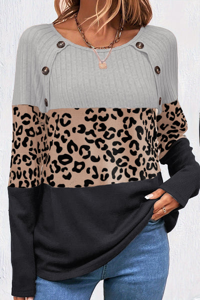 Gray Cheetah Textured Patchwork Buttoned Round Neck T Shirt