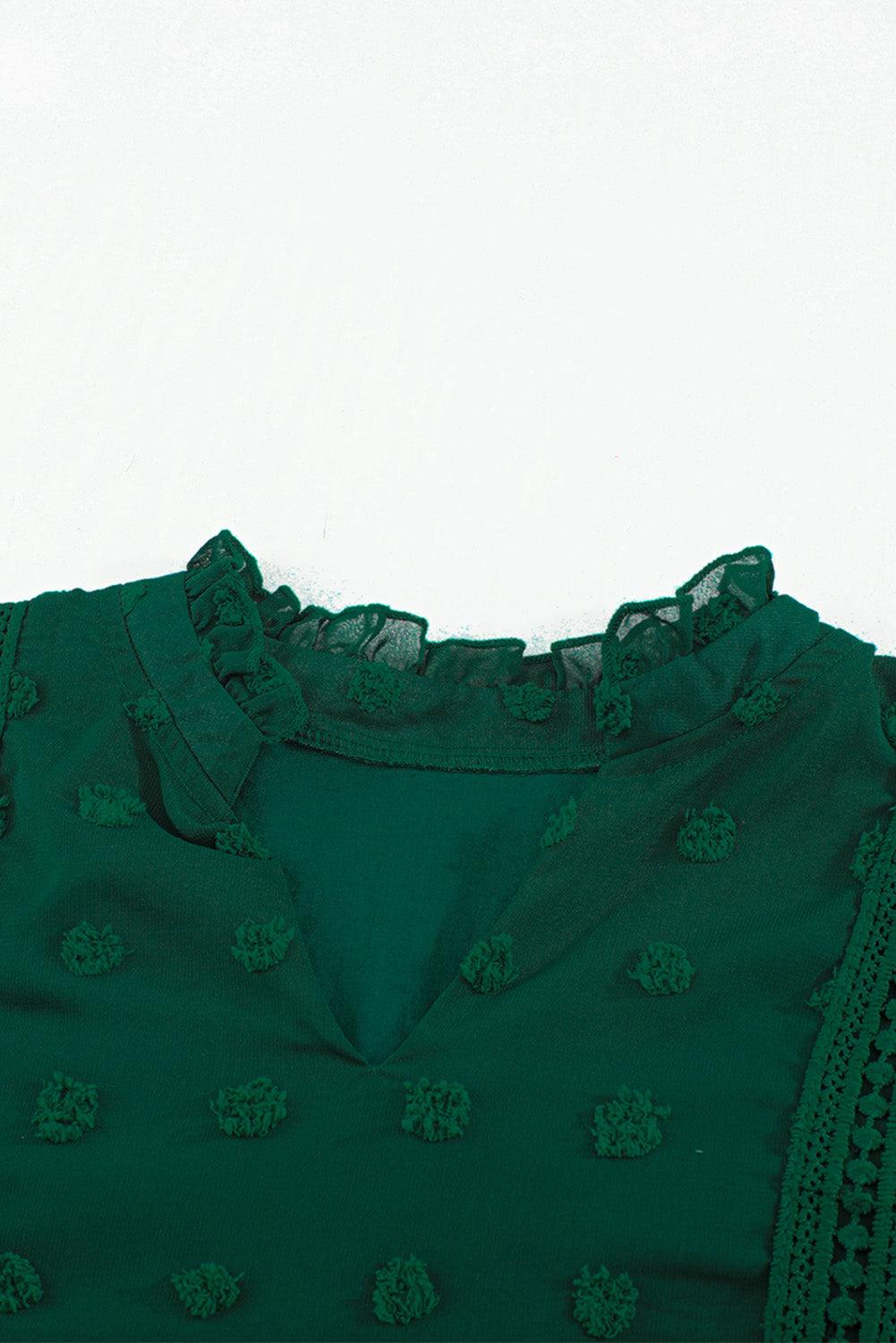 Green Ruffled Split Neck Lace Hollow Out Puff Sleeve Polka Dot Blouse