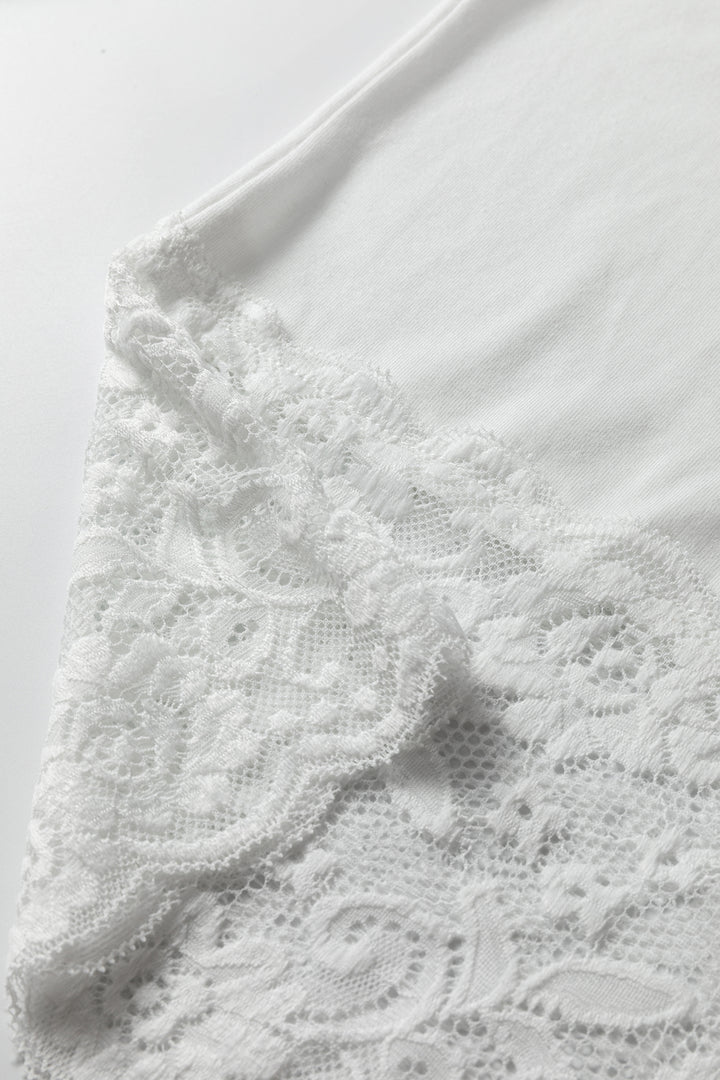 White Lace Trim V Neck Cuffed Long Sleeve Loose Top