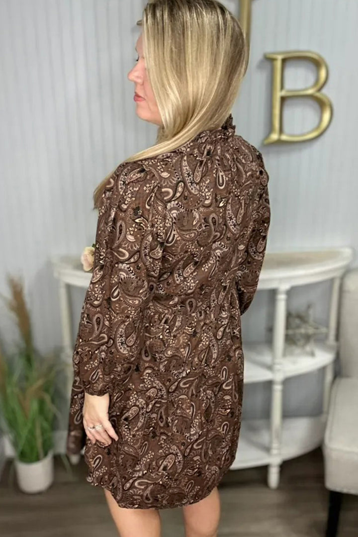 Brown Paisley Print Half Buttons Puff Sleeve Flowy Short Dress