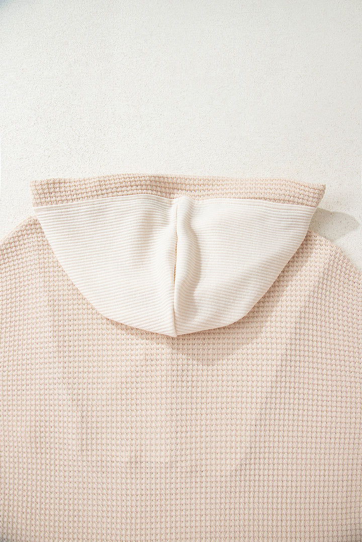 Oatmeal Waffle Patchwork Drop Shoulder Hooded Long Sleeve Top