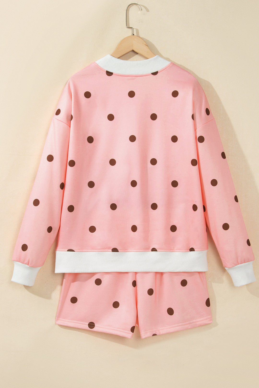 Brown Polka Dot Ribbed Trim Long Sleeve Top Casual Short Set