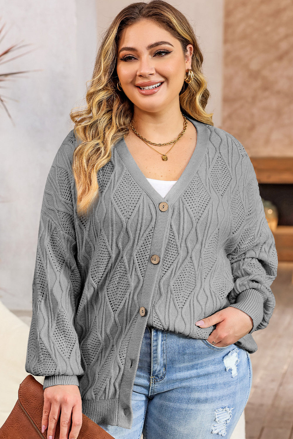 Black Plus Size Knitted Hollow out Button up Cardigan