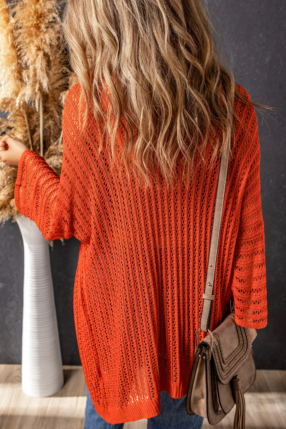 Orange Hollow-out Bracelet Sleeve Knit Cardigan