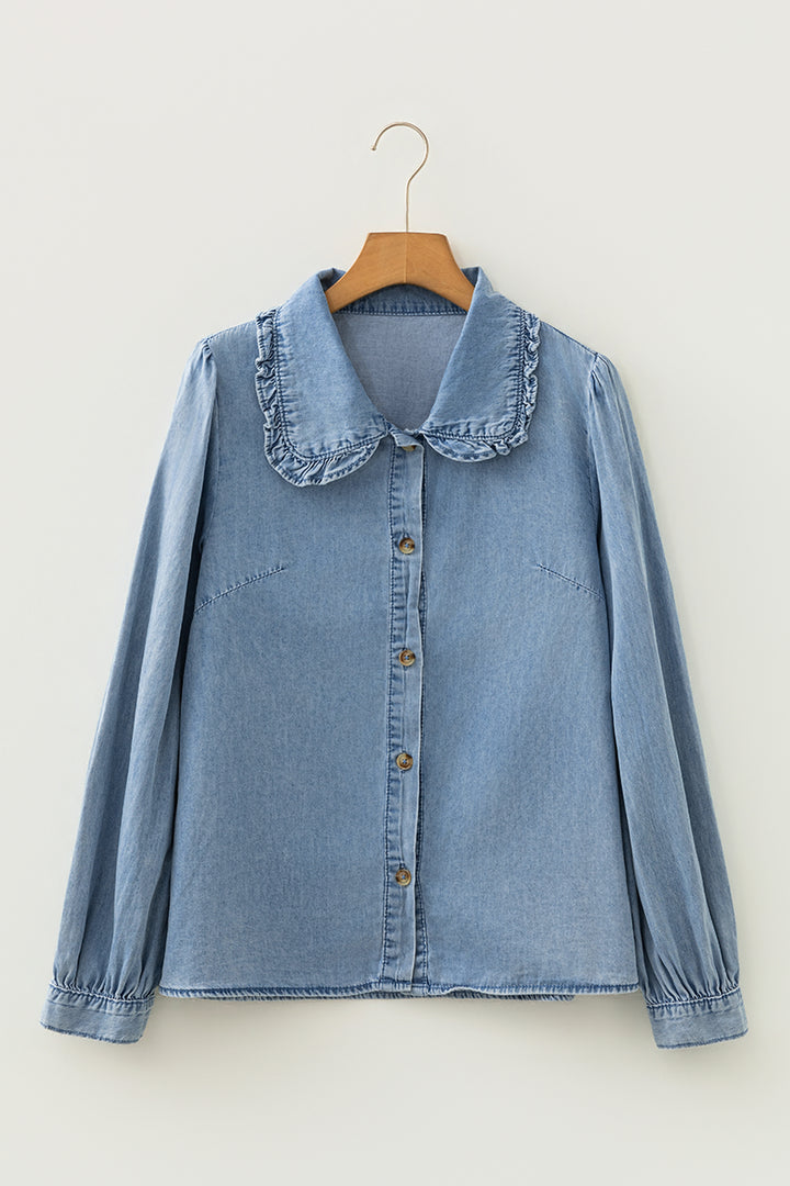 Beau Blue Ruffled Peter Pan Collar Western Denim Shirt