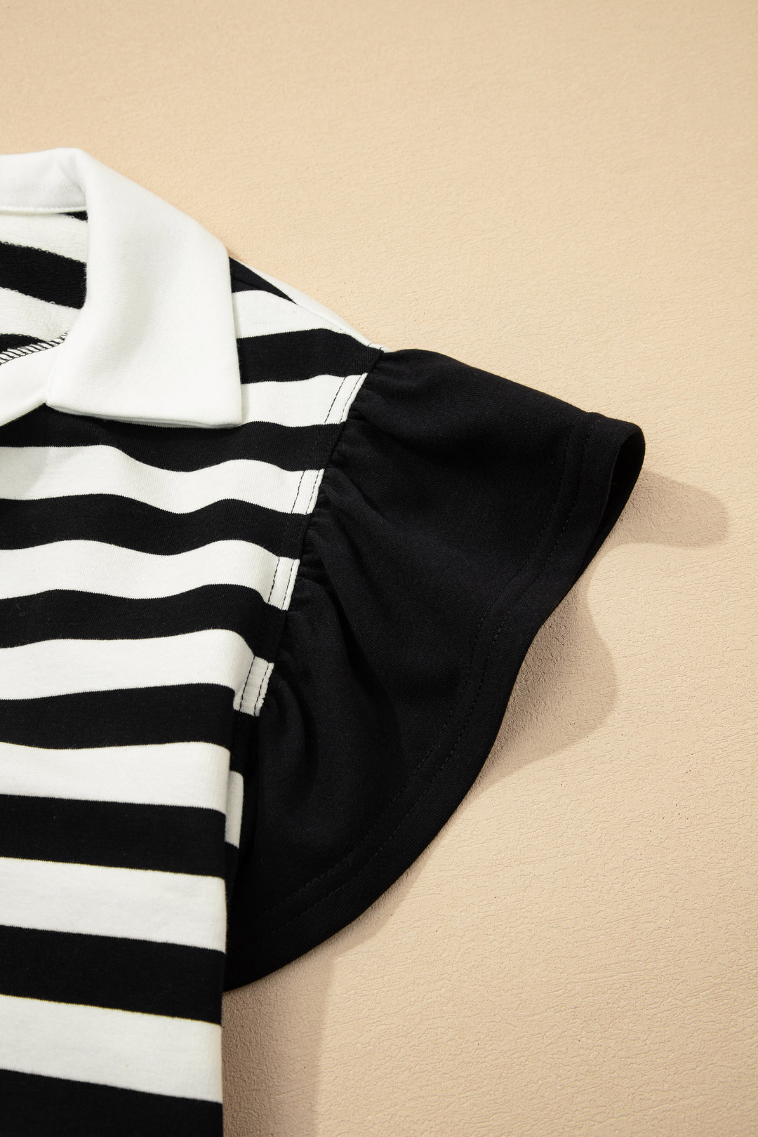 Black Stripe Collar V Neck Ruffled Short Sleeve Blouse