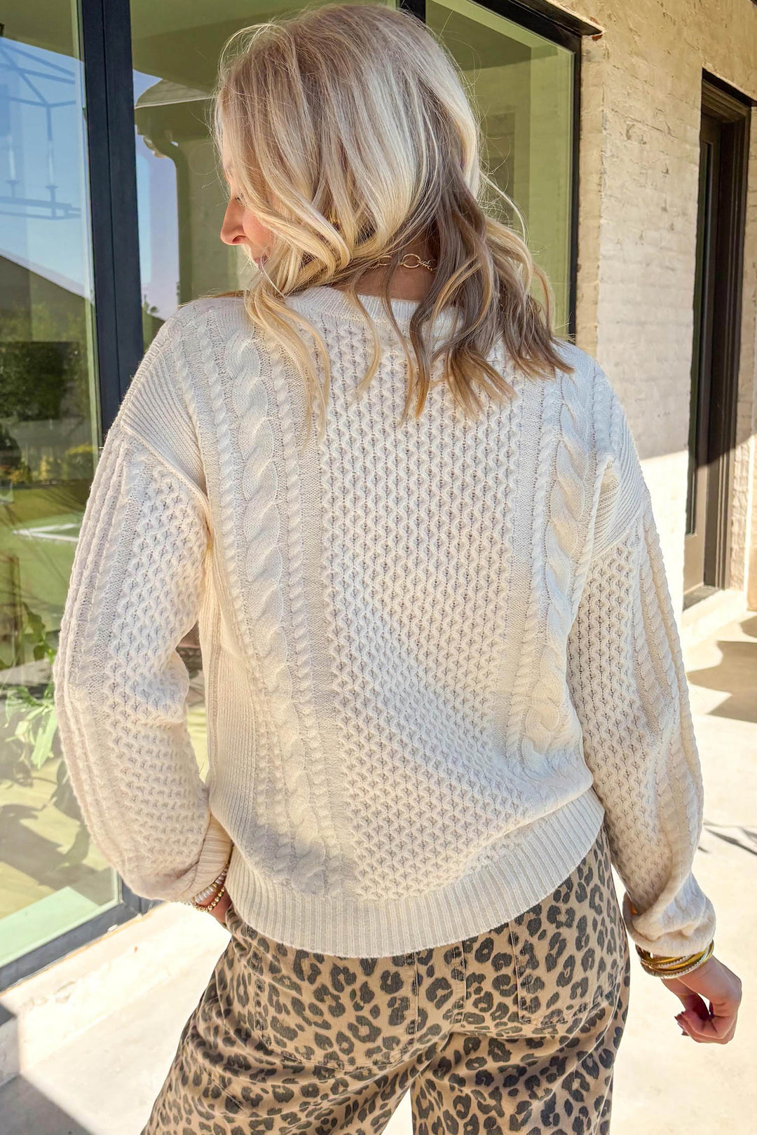 Beige Solid Color Cable Detail Knit Loose Round Neck Sweater