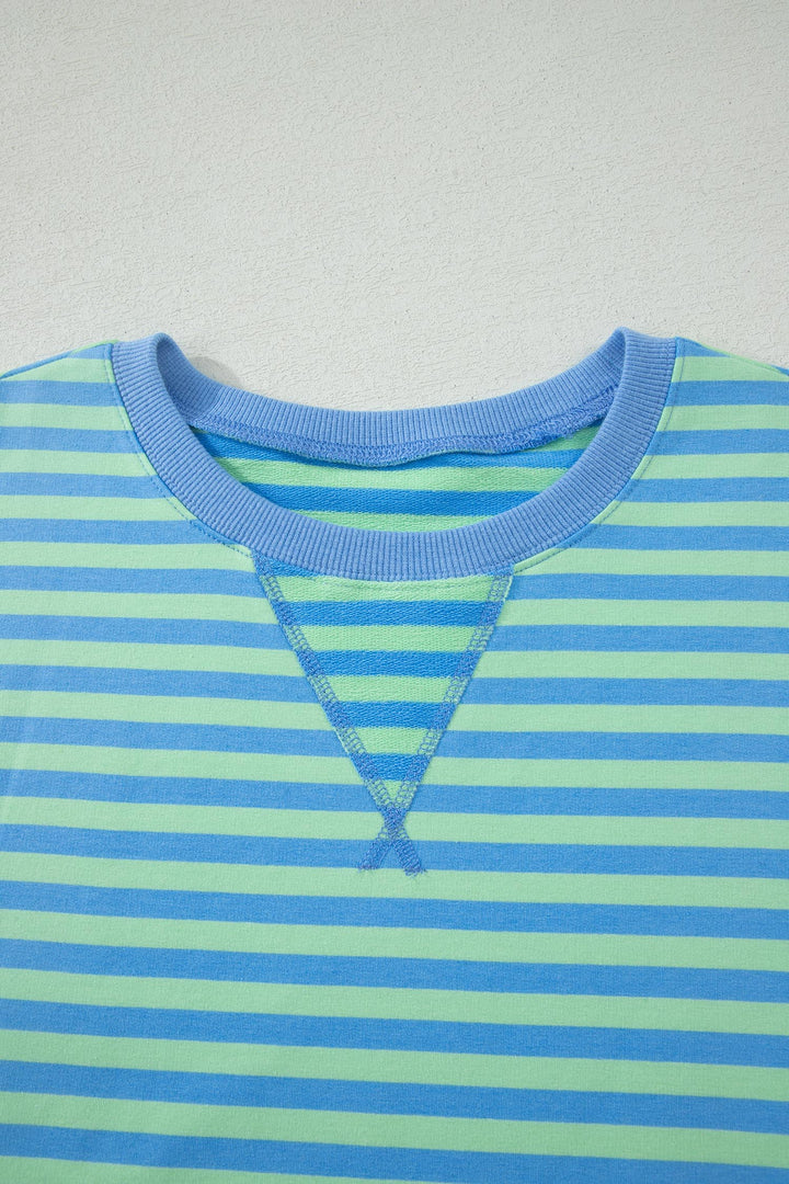 Green Stripe Striped Ribbed Cotton Two-Piece Pant Set with Chest Patch Detail