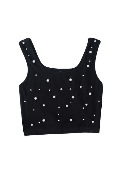 Black Pearl Decor Square Neck Sleeveless Crop Top