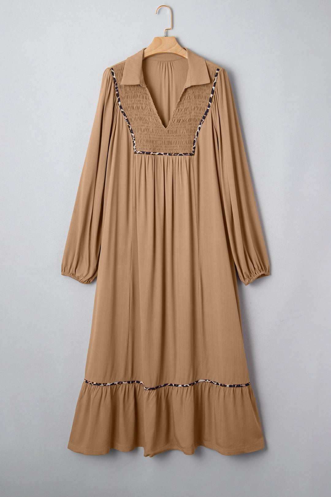 Chestnut Smocked V Neckline Leopard Piping Accent Bracelet Plus Size Long Dress