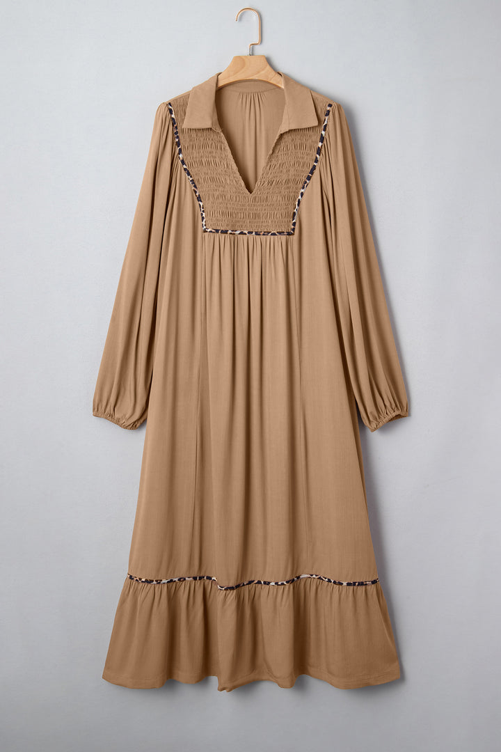 Chestnut Smocked V Neckline Leopard Piping Accent Bracelet Plus Size Long Dress