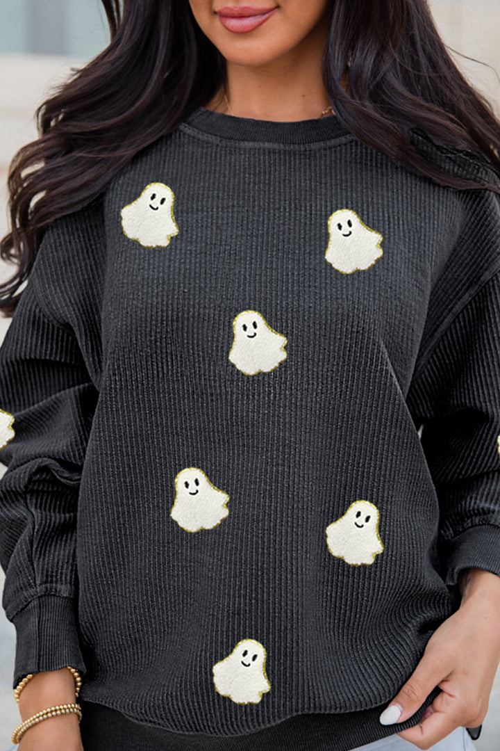 Black Oversized Ghost Print Pullover Corded Sweatshirt